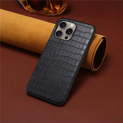 For iPhone 16 Pro Max Case Crocodile Texture Leather Coated PC+TPU Phone Cover