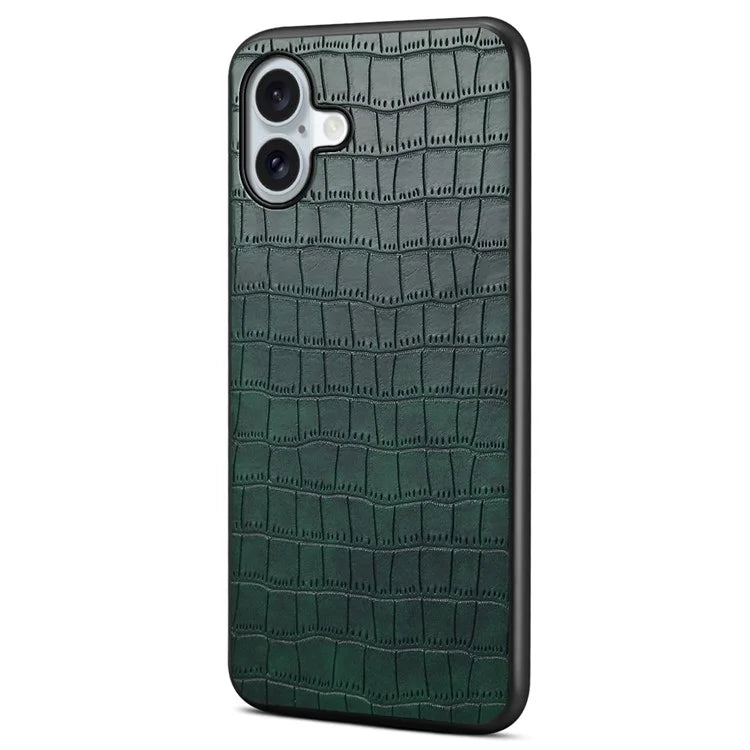 For iPhone 16 Plus Case Crocodile Texture Leather Coated PC+TPU Phone Cover