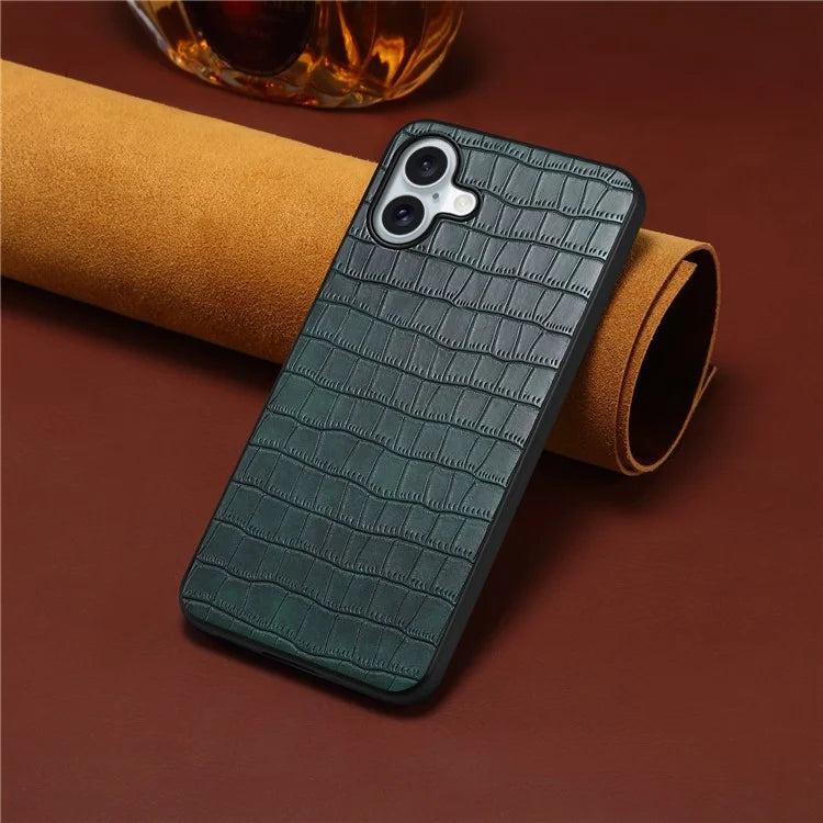 For iPhone 16 Plus Case Crocodile Texture Leather Coated PC+TPU Phone Cover