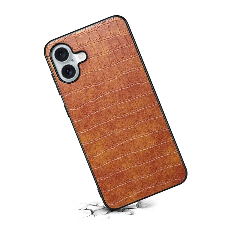For iPhone 16 Plus Case Crocodile Texture Leather Coated PC+TPU Phone Cover