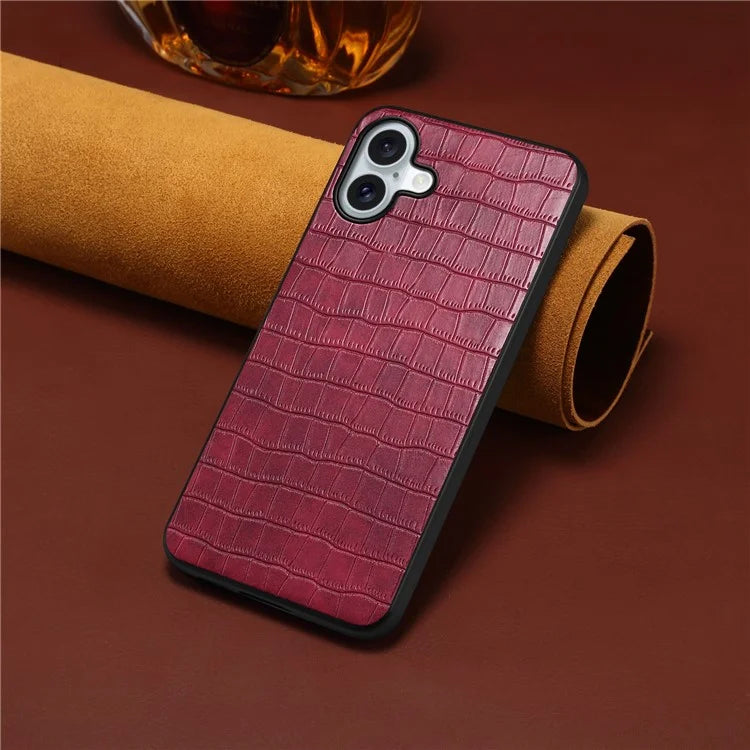 For iPhone 16 Plus Case Crocodile Texture Leather Coated PC+TPU Phone Cover