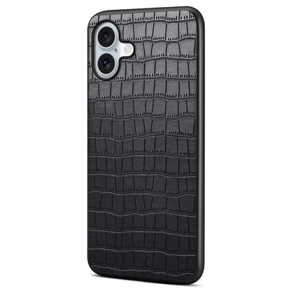 For iPhone 16 Plus Case Crocodile Texture Leather Coated PC+TPU Phone Cover
