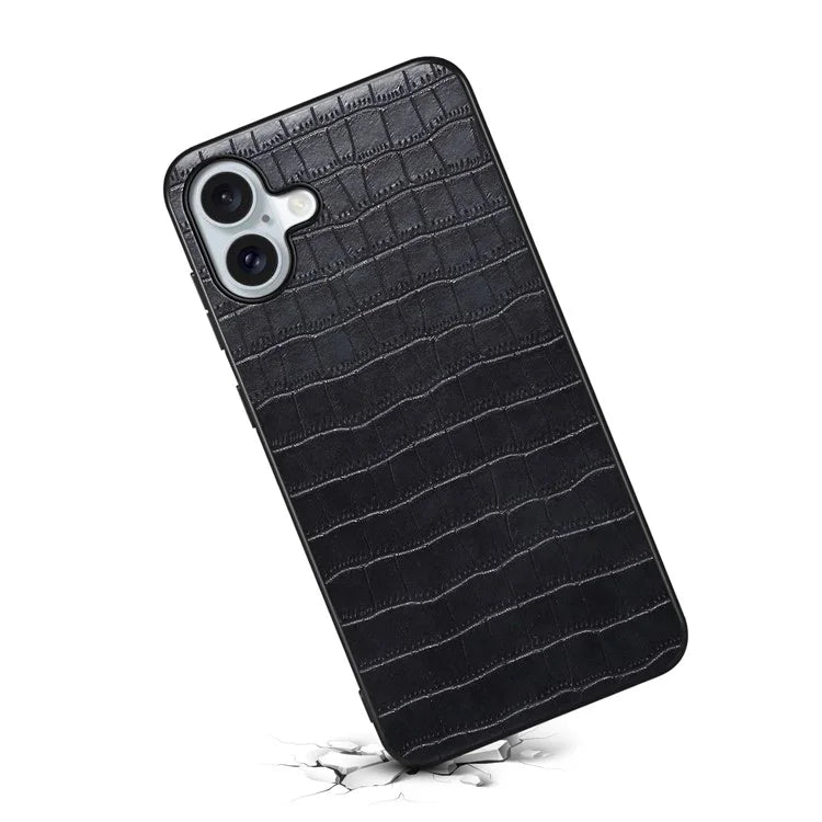 For iPhone 16 Plus Case Crocodile Texture Leather Coated PC+TPU Phone Cover