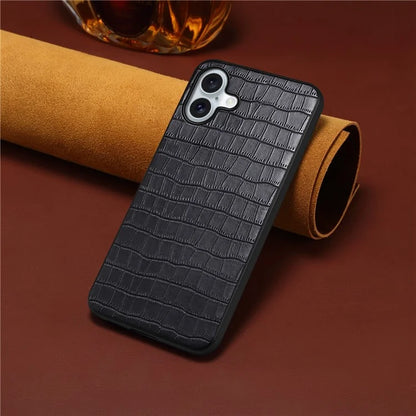 For iPhone 16 Plus Case Crocodile Texture Leather Coated PC+TPU Phone Cover