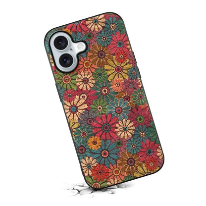 For iPhone 16 Case Flower Print PU Leather+PC+TPU Phone Cover