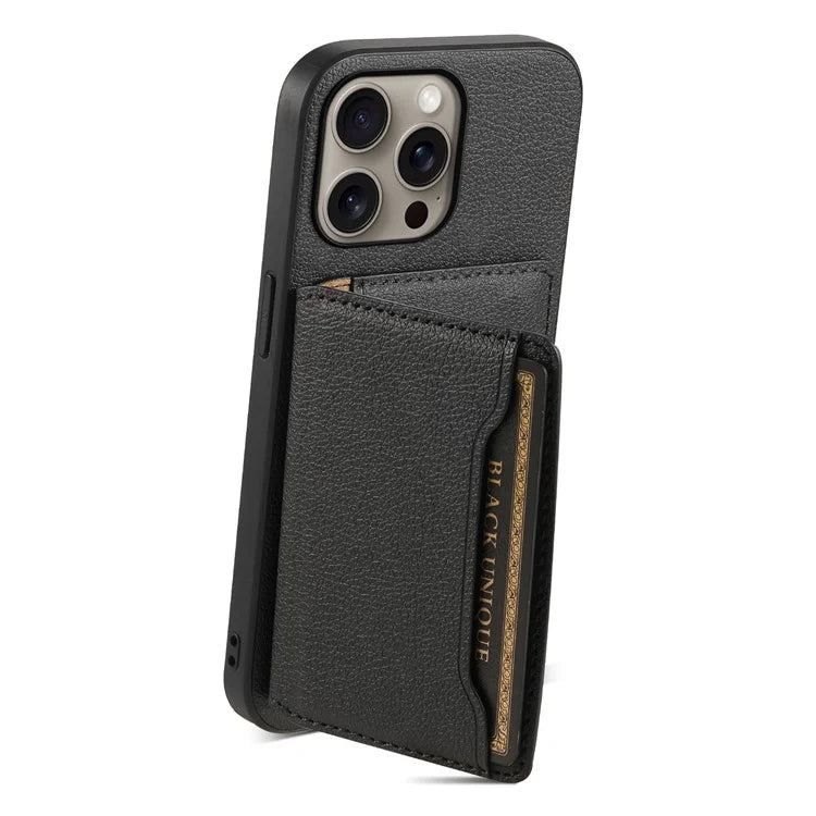 For iPhone 16 Pro Max Case Card Holder Kickstand Leather Coated PC+TPU Phone Cover