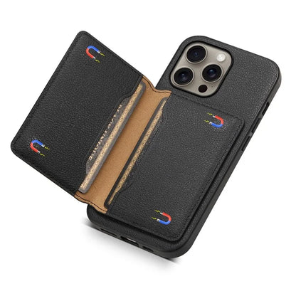For iPhone 16 Pro Max Case Card Holder Kickstand Leather Coated PC+TPU Phone Cover