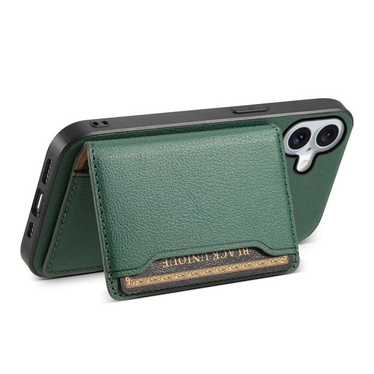 For iPhone 16 Plus Case Card Holder Kickstand Leather Coated PC+TPU Phone Cover