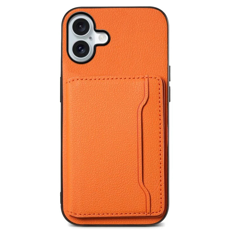 For iPhone 16 Plus Case Card Holder Kickstand Leather Coated PC+TPU Phone Cover