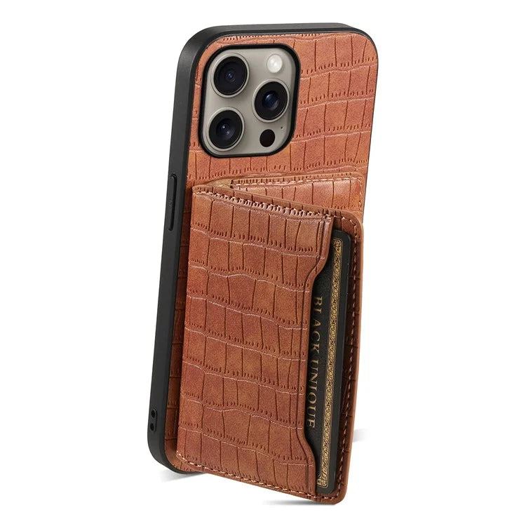 For iPhone 16 Pro Max Case Card Holder Kickstand Crocodile Texture Leather Back Phone Cover