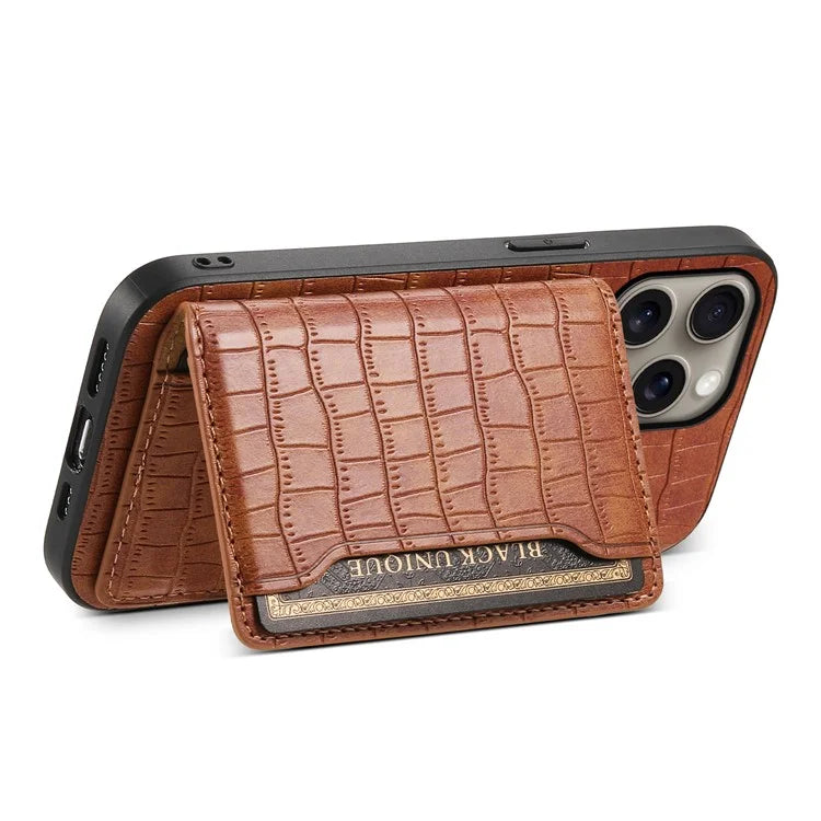 For iPhone 16 Pro Max Case Card Holder Kickstand Crocodile Texture Leather Back Phone Cover