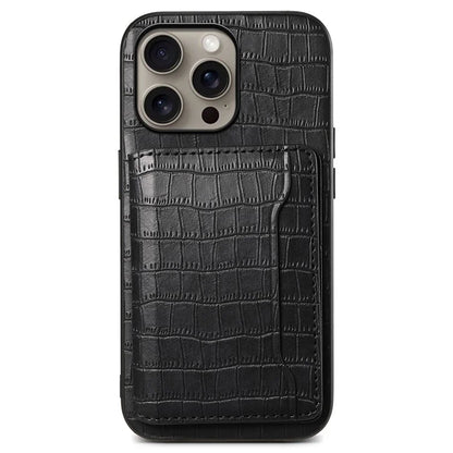For iPhone 16 Pro Max Case Card Holder Kickstand Crocodile Texture Leather Back Phone Cover