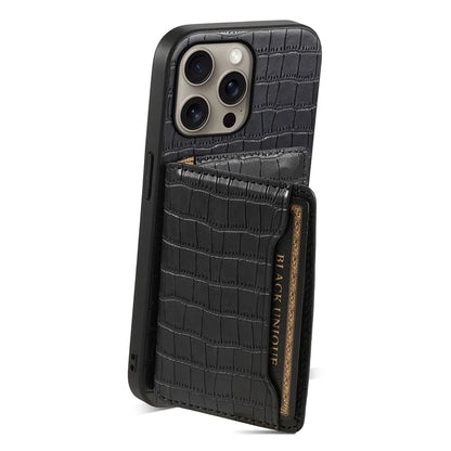 For iPhone 16 Pro Max Case Card Holder Kickstand Crocodile Texture Leather Back Phone Cover
