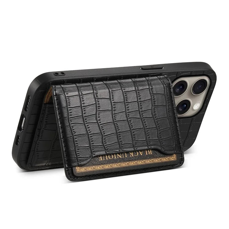 For iPhone 16 Pro Max Case Card Holder Kickstand Crocodile Texture Leather Back Phone Cover