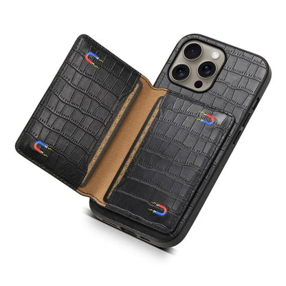 For iPhone 16 Pro Max Case Card Holder Kickstand Crocodile Texture Leather Back Phone Cover