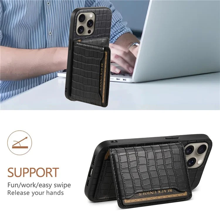 For iPhone 16 Pro Max Case Card Holder Kickstand Crocodile Texture Leather Back Phone Cover