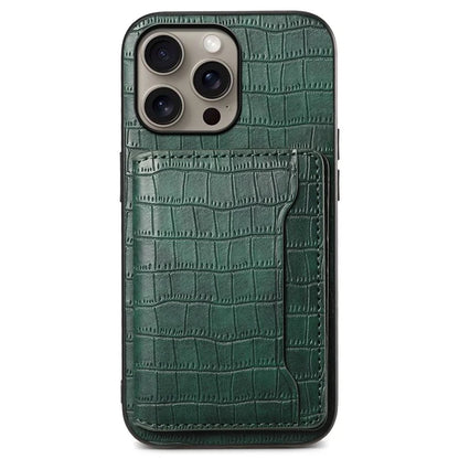 For iPhone 16 Pro Max Case Card Holder Kickstand Crocodile Texture Leather Back Phone Cover