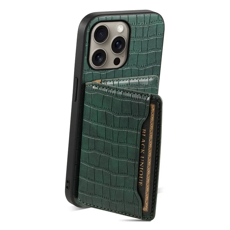 For iPhone 16 Pro Max Case Card Holder Kickstand Crocodile Texture Leather Back Phone Cover