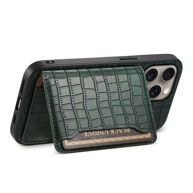 For iPhone 16 Pro Max Case Card Holder Kickstand Crocodile Texture Leather Back Phone Cover