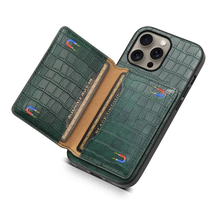 For iPhone 16 Pro Max Case Card Holder Kickstand Crocodile Texture Leather Back Phone Cover