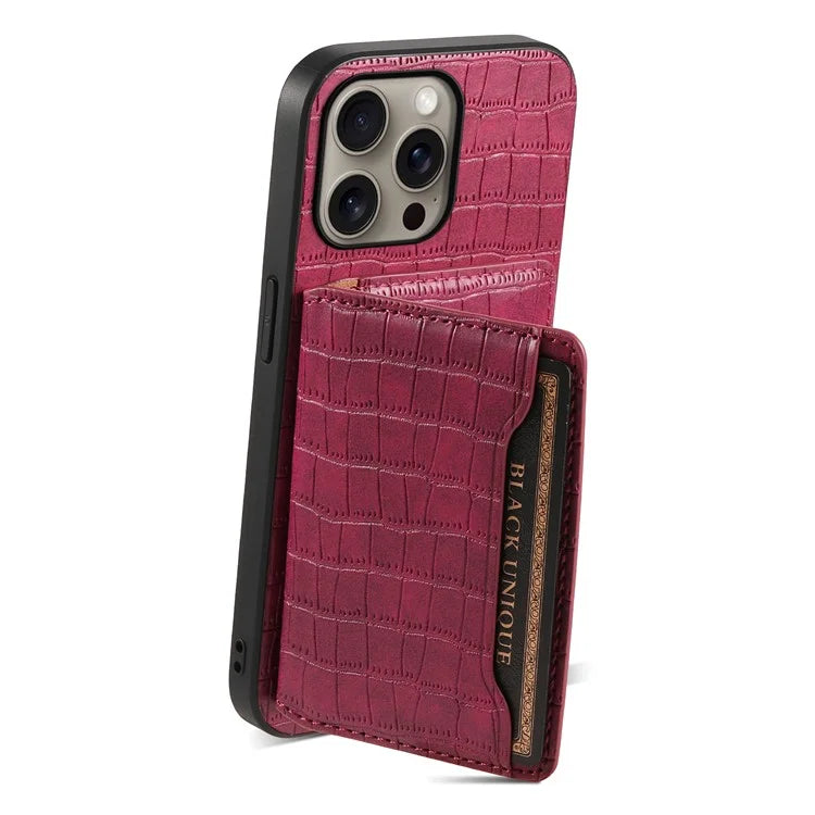 For iPhone 16 Pro Max Case Card Holder Kickstand Crocodile Texture Leather Back Phone Cover