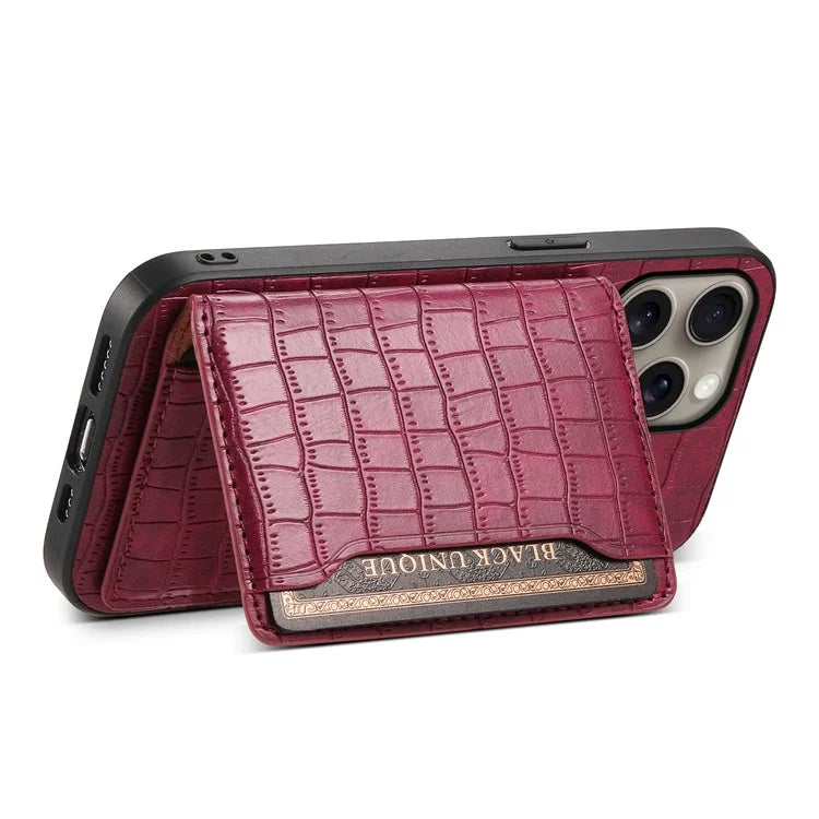 For iPhone 16 Pro Max Case Card Holder Kickstand Crocodile Texture Leather Back Phone Cover