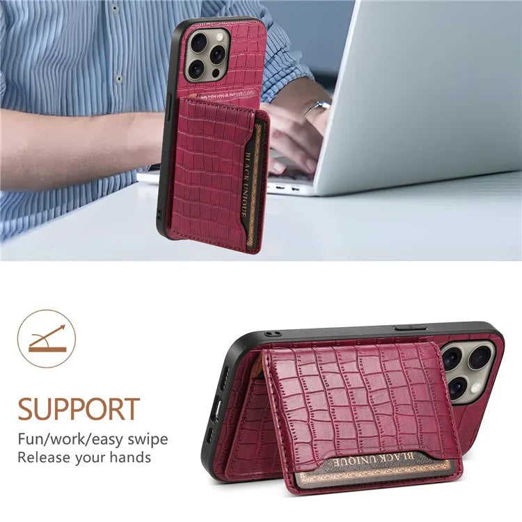 For iPhone 16 Pro Max Case Card Holder Kickstand Crocodile Texture Leather Back Phone Cover