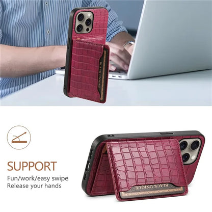 For iPhone 16 Pro Max Case Card Holder Kickstand Crocodile Texture Leather Back Phone Cover