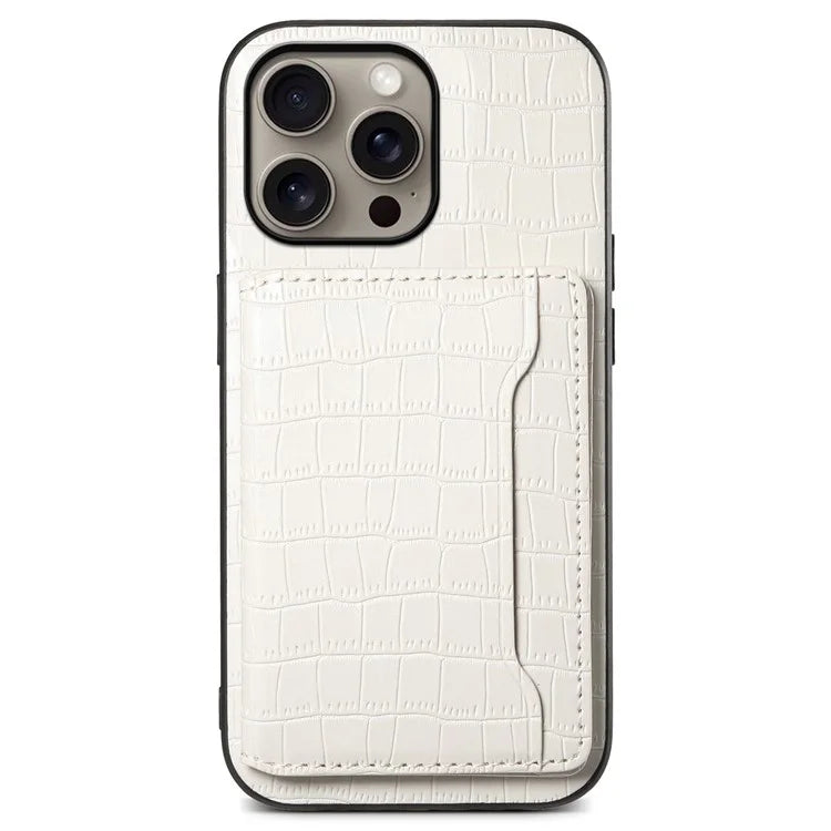For iPhone 16 Pro Max Case Card Holder Kickstand Crocodile Texture Leather Back Phone Cover