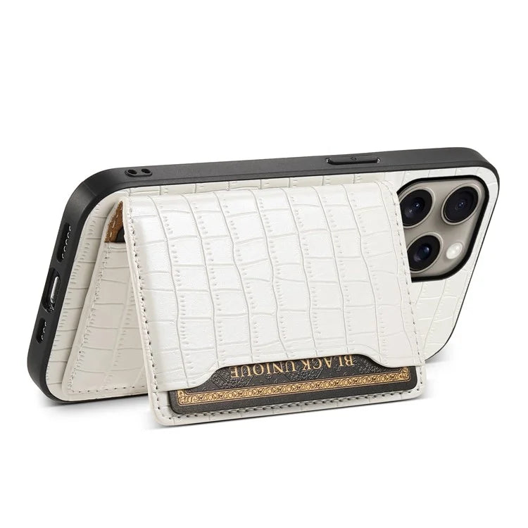 For iPhone 16 Pro Max Case Card Holder Kickstand Crocodile Texture Leather Back Phone Cover