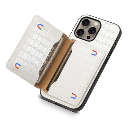 For iPhone 16 Pro Max Case Card Holder Kickstand Crocodile Texture Leather Back Phone Cover