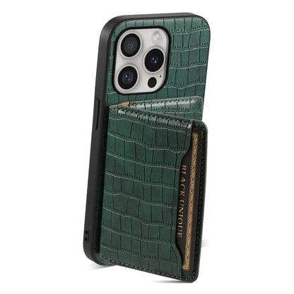 For iPhone 16 Pro Case Card Holder Kickstand Crocodile Texture Leather Back Phone Cover