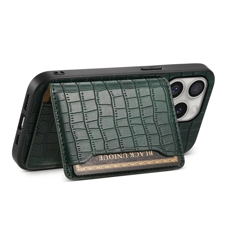 For iPhone 16 Pro Case Card Holder Kickstand Crocodile Texture Leather Back Phone Cover