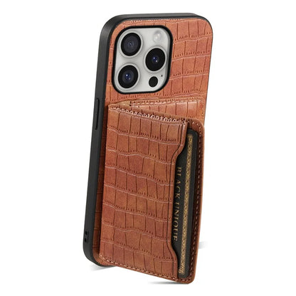 For iPhone 16 Pro Case Card Holder Kickstand Crocodile Texture Leather Back Phone Cover