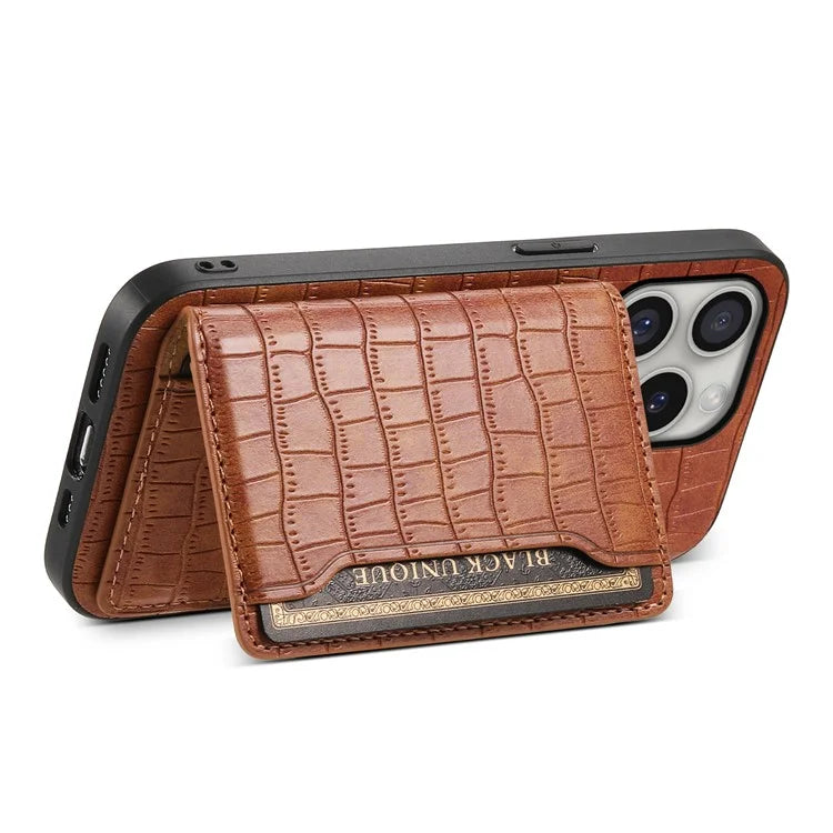 For iPhone 16 Pro Case Card Holder Kickstand Crocodile Texture Leather Back Phone Cover