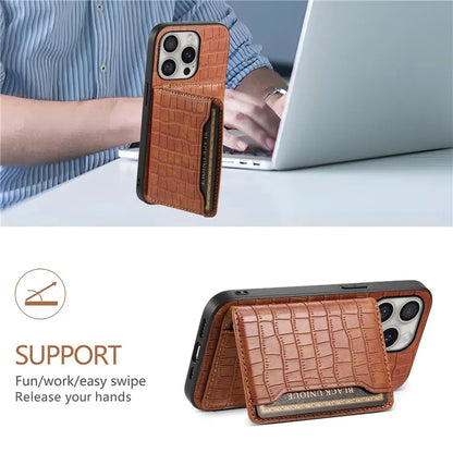 For iPhone 16 Pro Case Card Holder Kickstand Crocodile Texture Leather Back Phone Cover