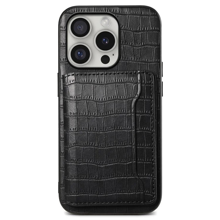 For iPhone 16 Pro Case Card Holder Kickstand Crocodile Texture Leather Back Phone Cover