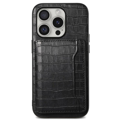 For iPhone 16 Pro Case Card Holder Kickstand Crocodile Texture Leather Back Phone Cover