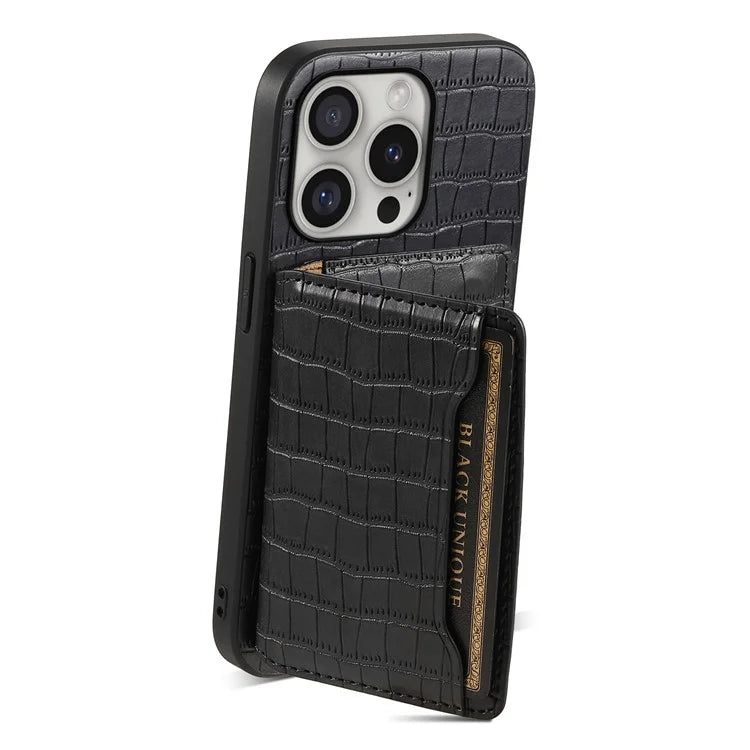 For iPhone 16 Pro Case Card Holder Kickstand Crocodile Texture Leather Back Phone Cover