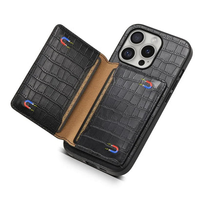 For iPhone 16 Pro Case Card Holder Kickstand Crocodile Texture Leather Back Phone Cover