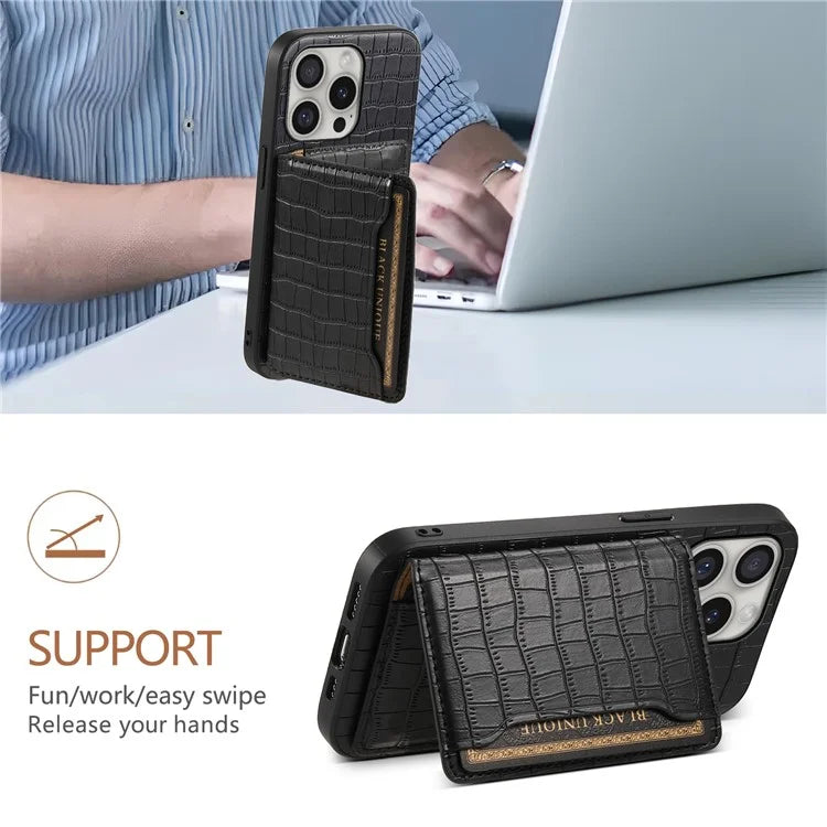 For iPhone 16 Pro Case Card Holder Kickstand Crocodile Texture Leather Back Phone Cover