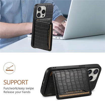 For iPhone 16 Pro Case Card Holder Kickstand Crocodile Texture Leather Back Phone Cover