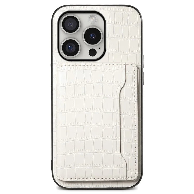 For iPhone 16 Pro Case Card Holder Kickstand Crocodile Texture Leather Back Phone Cover