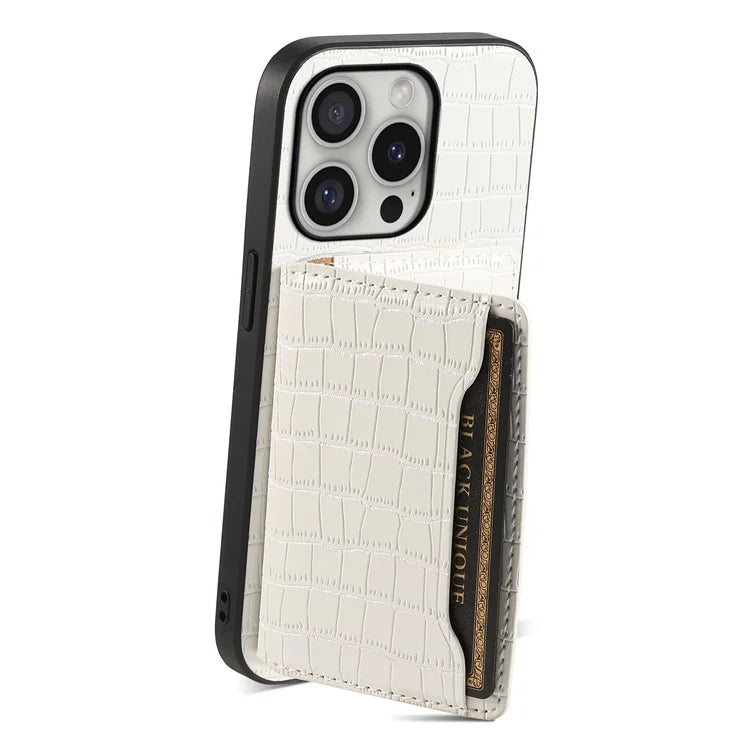 For iPhone 16 Pro Case Card Holder Kickstand Crocodile Texture Leather Back Phone Cover