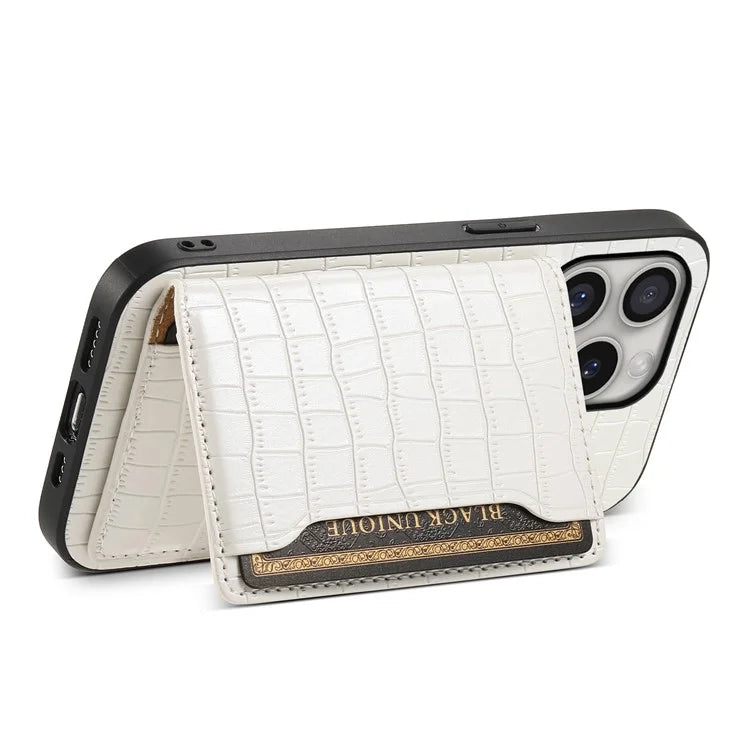 For iPhone 16 Pro Case Card Holder Kickstand Crocodile Texture Leather Back Phone Cover