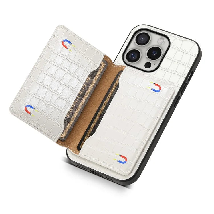 For iPhone 16 Pro Case Card Holder Kickstand Crocodile Texture Leather Back Phone Cover