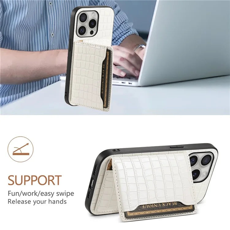 For iPhone 16 Pro Case Card Holder Kickstand Crocodile Texture Leather Back Phone Cover