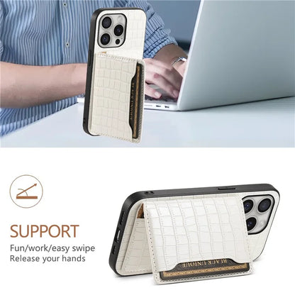 For iPhone 16 Pro Case Card Holder Kickstand Crocodile Texture Leather Back Phone Cover