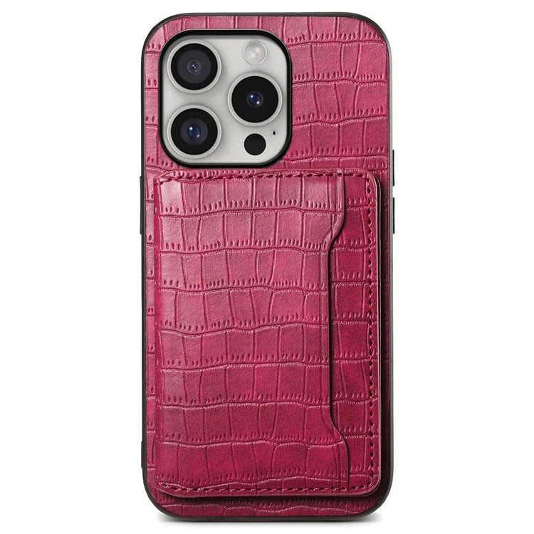 For iPhone 16 Pro Case Card Holder Kickstand Crocodile Texture Leather Back Phone Cover