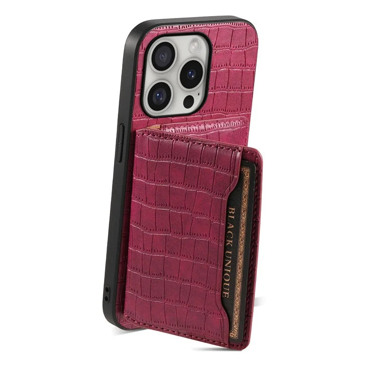 For iPhone 16 Pro Case Card Holder Kickstand Crocodile Texture Leather Back Phone Cover